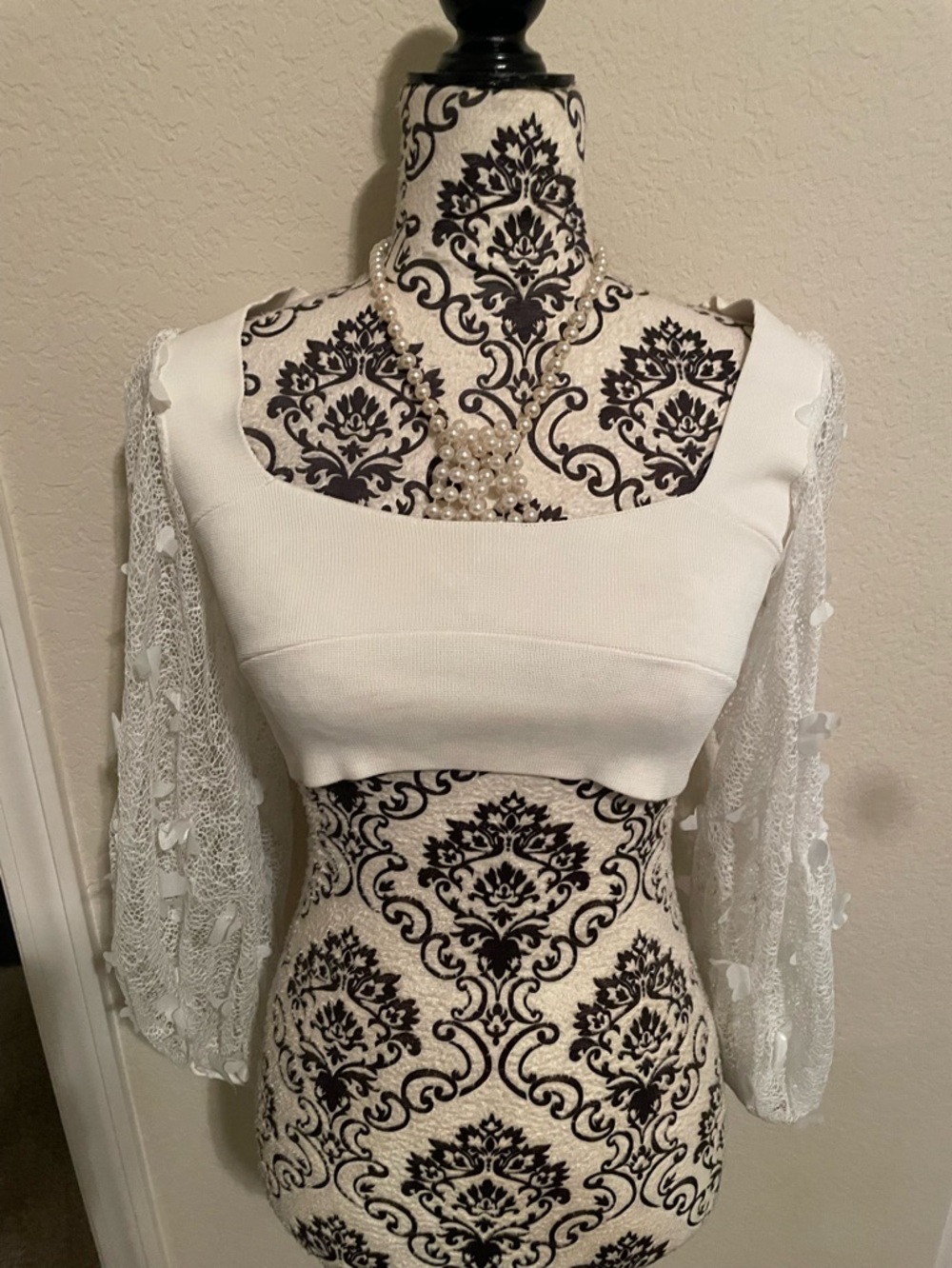 Free People White Lace-Sleeve Square Neck Crop Top